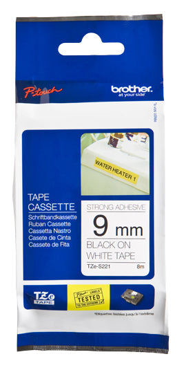 Etiqueta blanca continua laminada con adhesivo super resistente Brother TZES221 - de 9 mm de ancho x 8 mts de largo. Impresión en negro. Etiqueta blanca continua laminada con adhesivo super resistente Brother TZES221 - de 9 mm de ancho x 8 mts de largo. Impresión en negro.